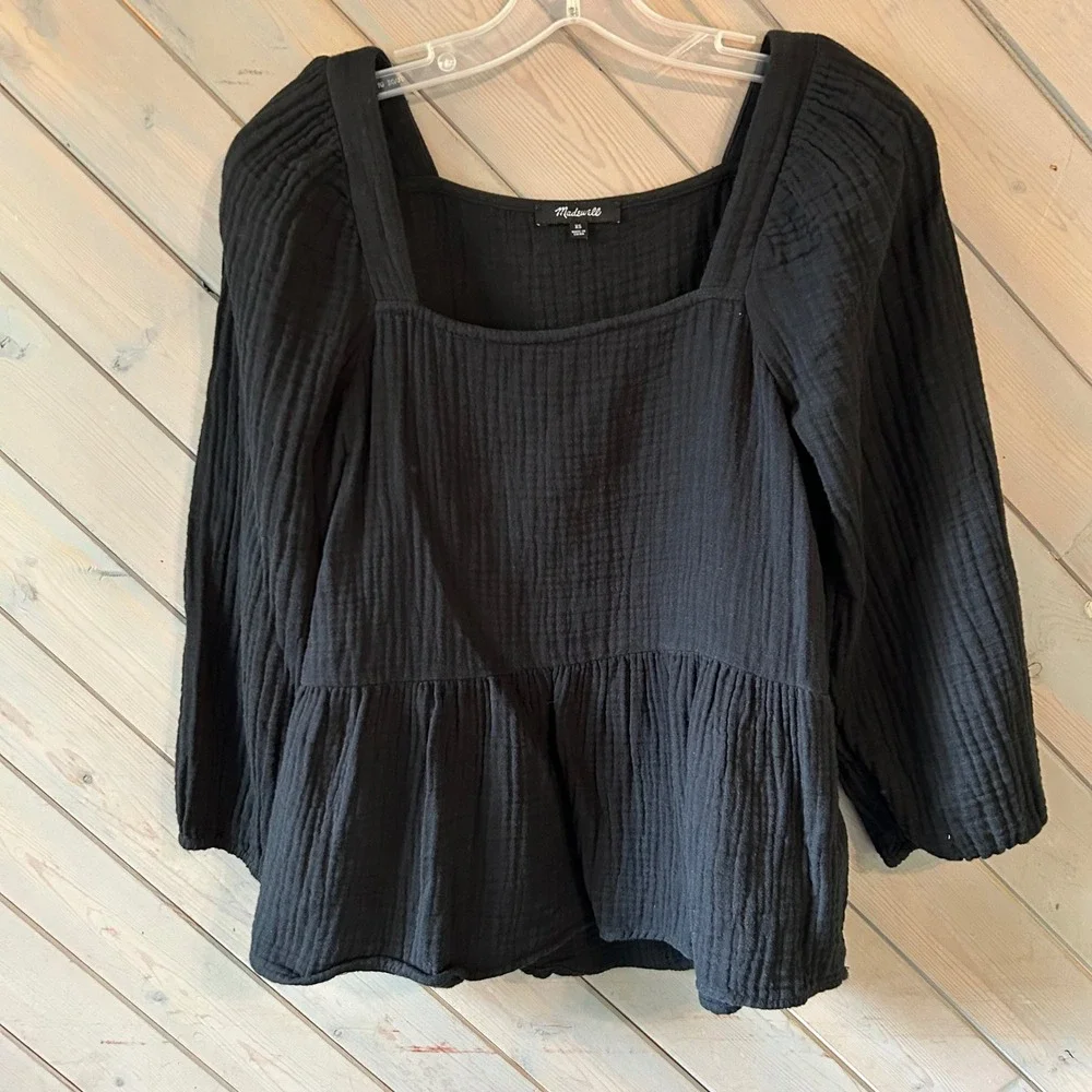 Madewell Black Double Gauze Peplum Top Square Neck Long Sleeve Cotton XS oversiz